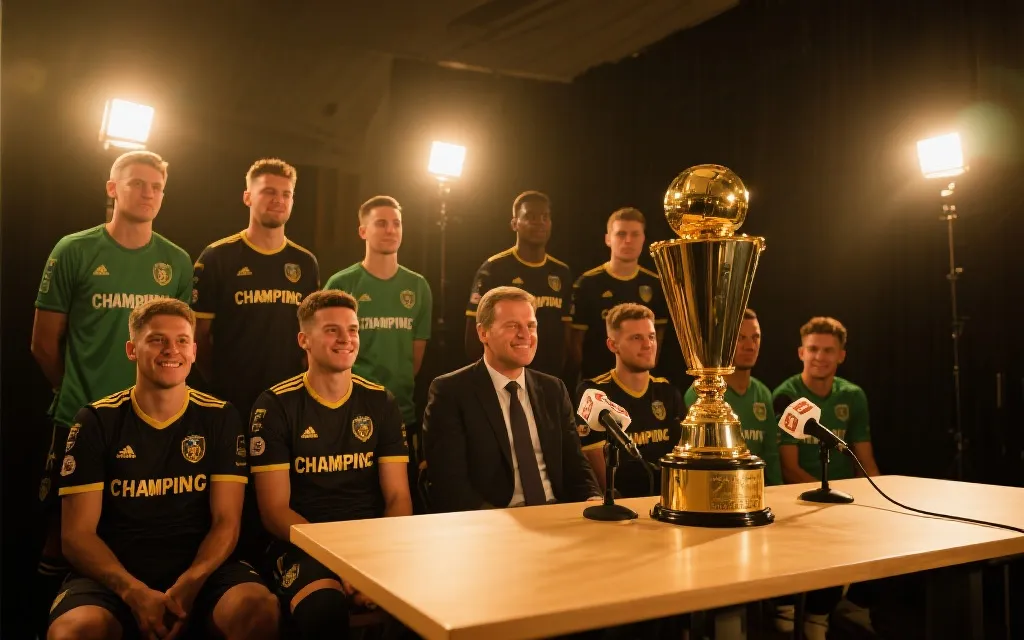 2026世界杯夺冠后发布会：球员与主帅在灯光下克制微笑，奖杯与话筒同框