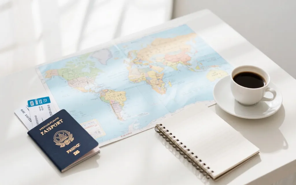 地图与机票护照等旅行物品平铺，规划跨城观赛行程