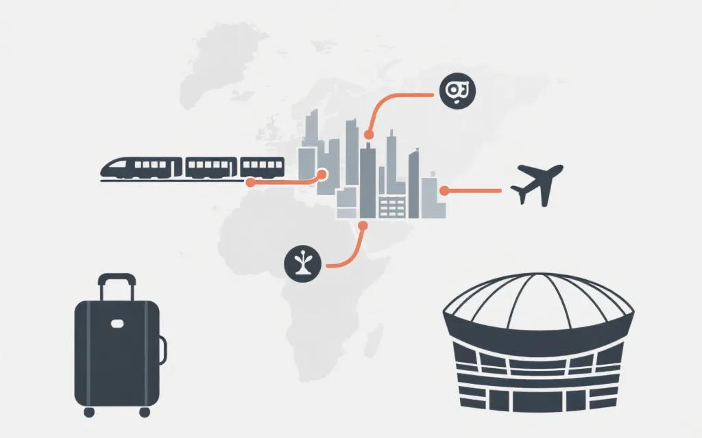 跨城市观赛交通规划示意：地图线路、火车与飞机图标、比赛门票与行李箱