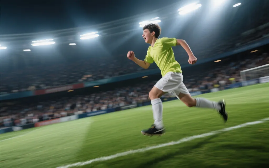 年轻球员在聚光灯下奔跑与庆祝的世界杯氛围，象征新星涌现