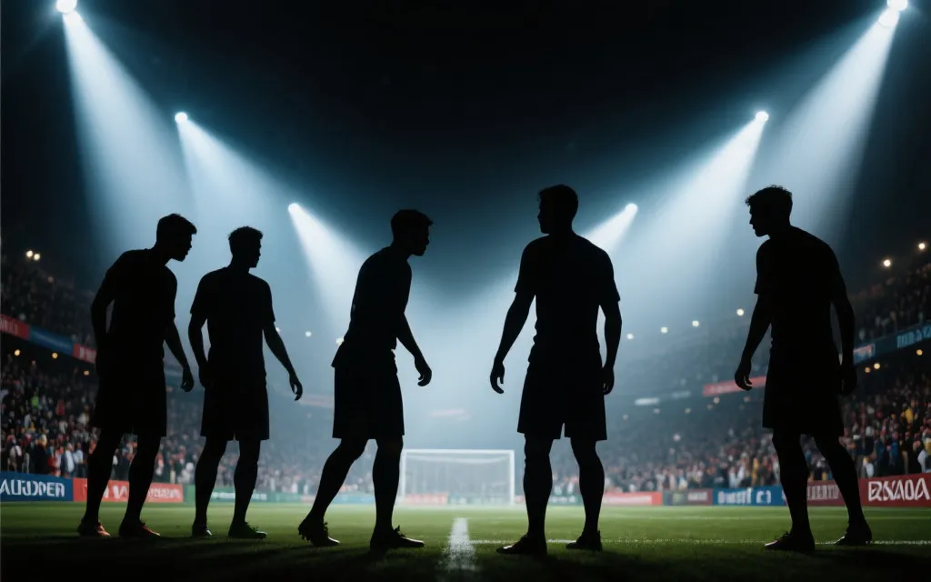 世界杯淘汰赛氛围：球员在聚光灯下对峙，象征关键战与心理博弈