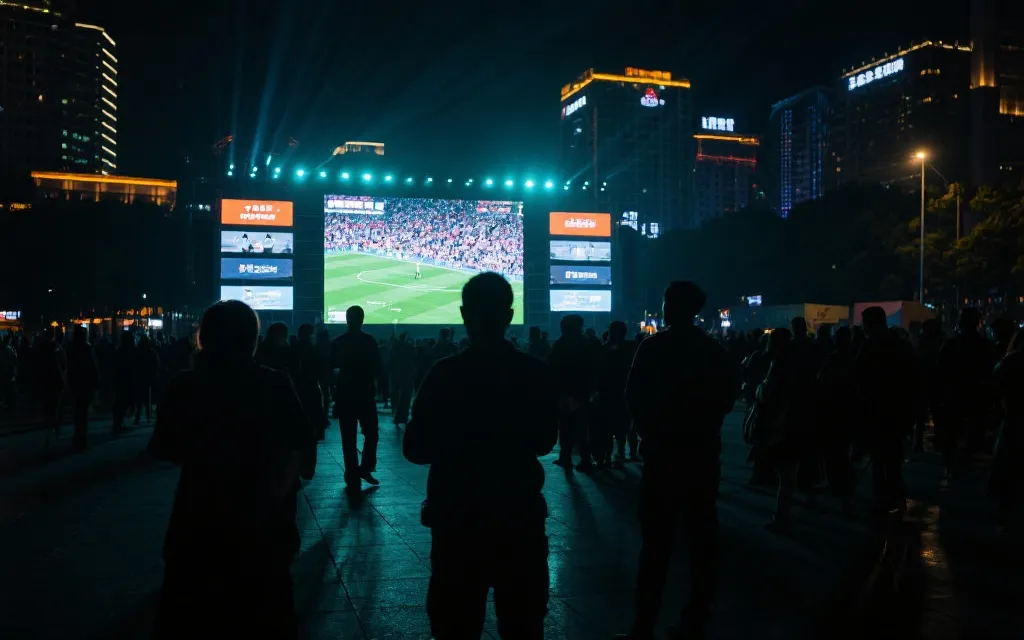 夜晚城市广场大屏观赛的人群，氛围灯光，纪实摄影风格