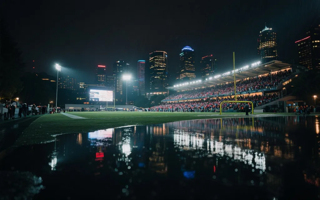 温哥华夜景与球迷观赛氛围概念图：灯光、看台与城市天际线