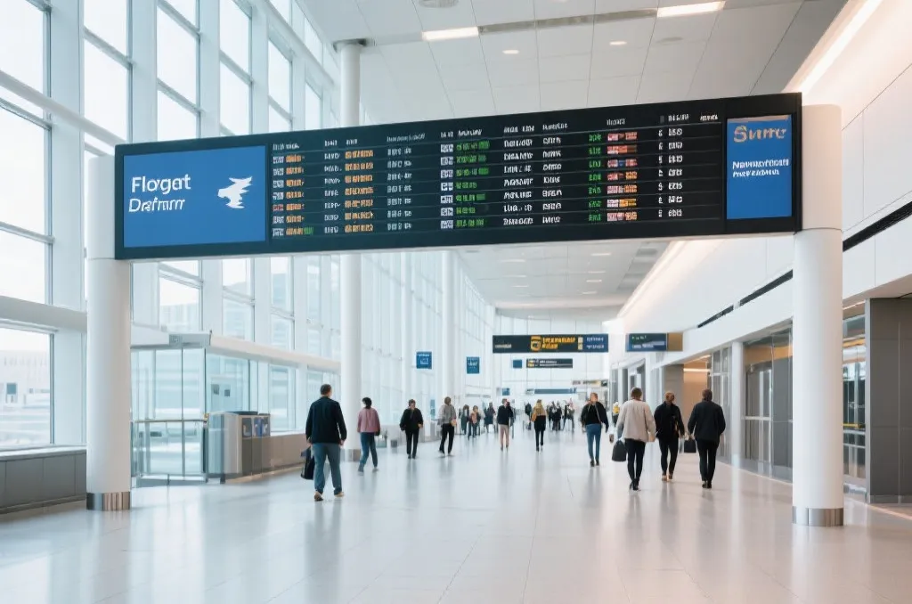 Modern airport terminal departure board showing flight routes to North American cities, clean editorial look